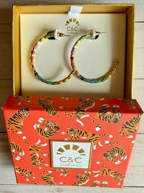 C&C California Rainbow Beaded Hoop Post Earrings with Gold Accents